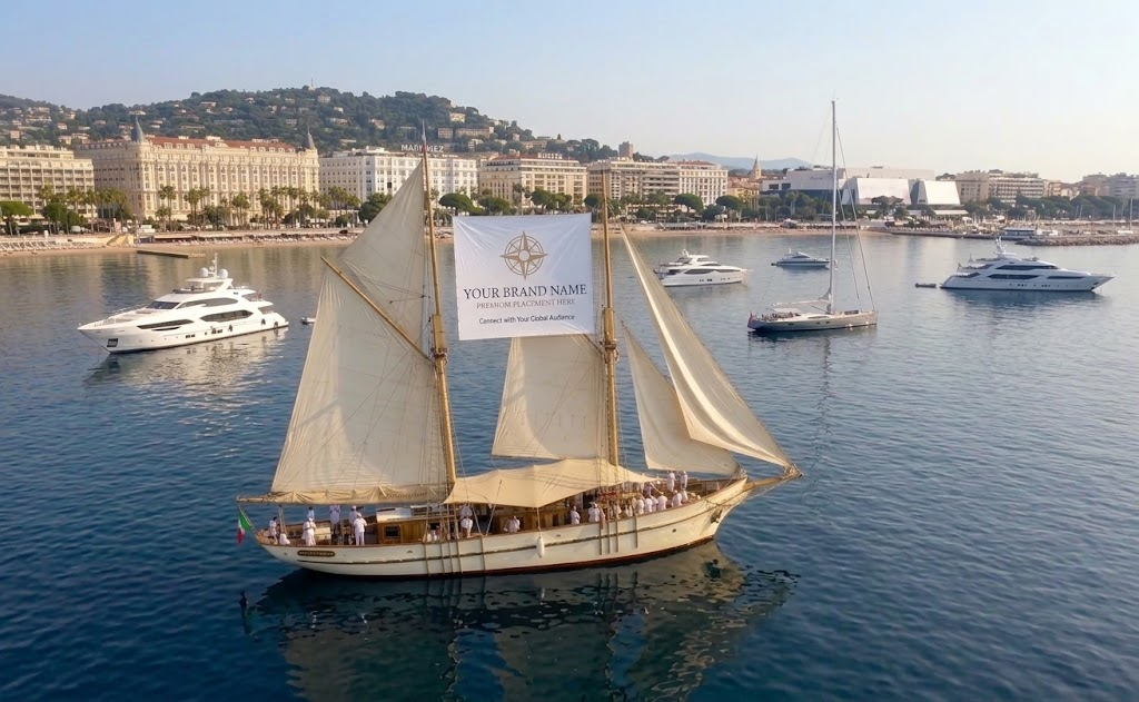 Le O'Remington au mouillage dans la baie de Cannes, la Croisette et le Carlton en arrière-plan