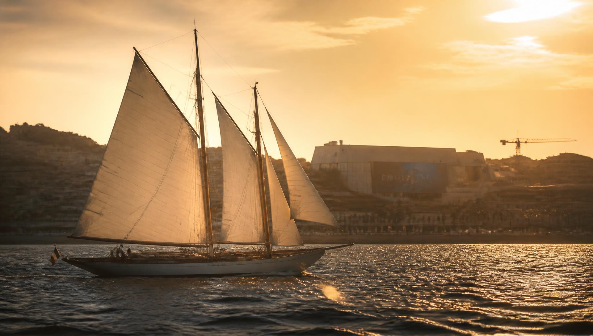 La goélette O'Remington au coucher du soleil devant la Croisette de Cannes